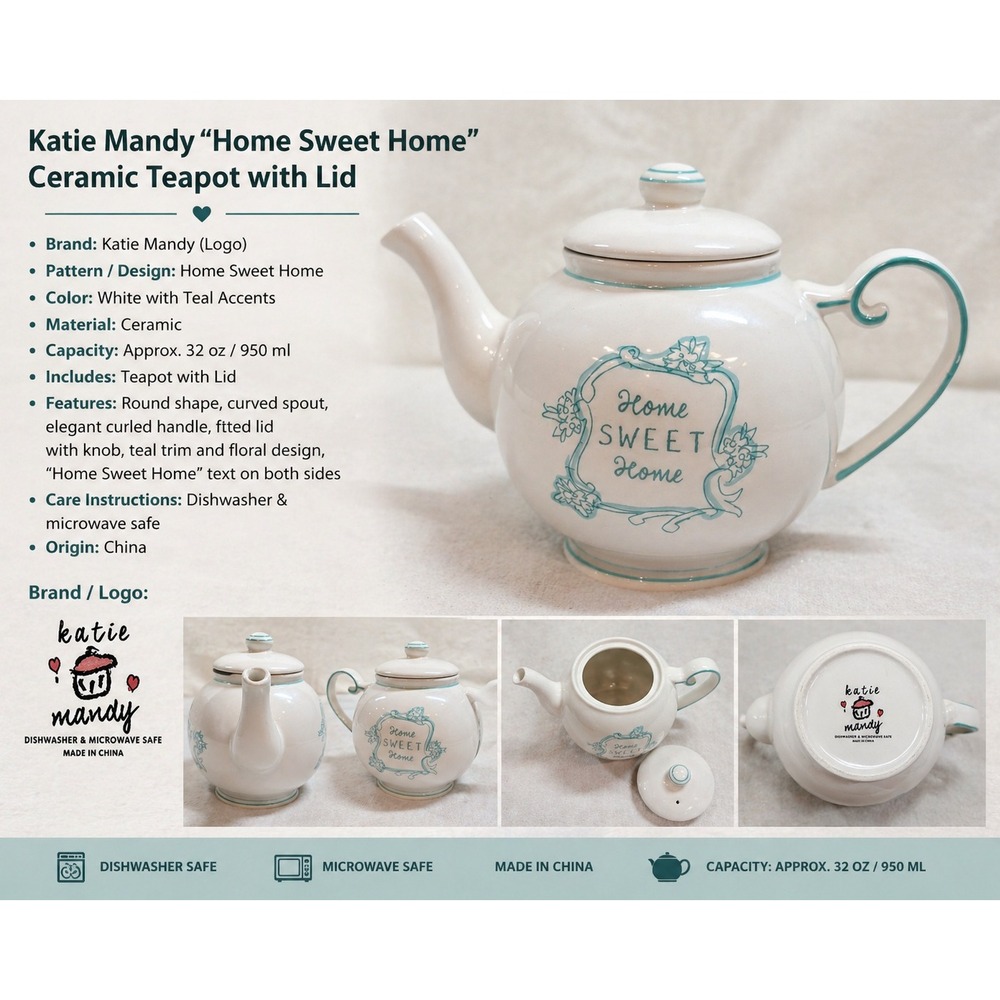 Katie Mandy Home Sweet Home Ceramic Teapot White Teal Floral‎ Cottagecore